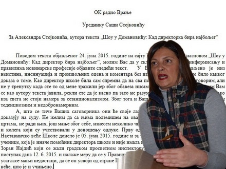 direktorka skole Vesna Djoric poslala pismo redakciji OK Radija FOTO: A.Stojkovic