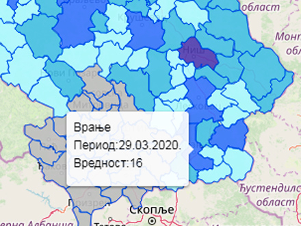 U Pčinjskom okrugu najveći broj zaraženih u Vranju FOTO: covid49.rs/screenshot