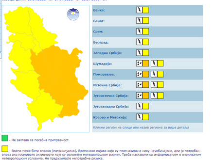 Narandžasti meteoalarm za jugoistočnu Srbiju FOTO: RHMZ/screenshot