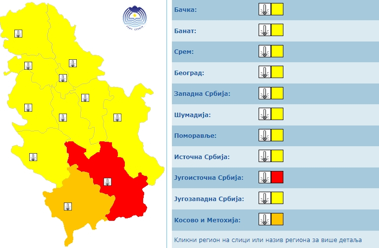Crveni meteo alarm na području Jugoistočne Srbije FOTO: meteoalarm/screenshot