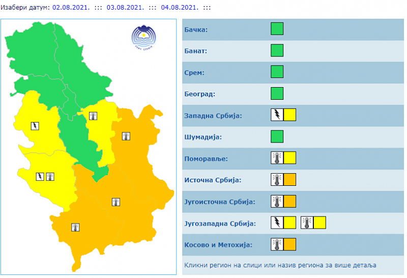 Narandžasti meteo alarm za jug i istok Srbije FOTO: RHMZ/Screenshot