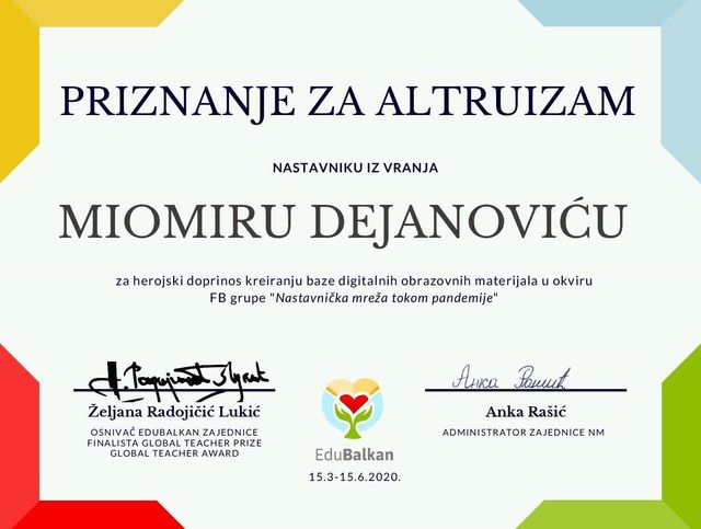 Miomir Dejanović MiDej, priznanja za altruizam, herojsko delo i entuzijazam