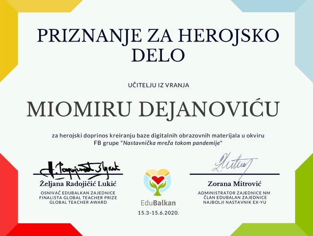 Miomir Dejanović MiDej, priznanja za altruizam, herojsko delo i entuzijazam